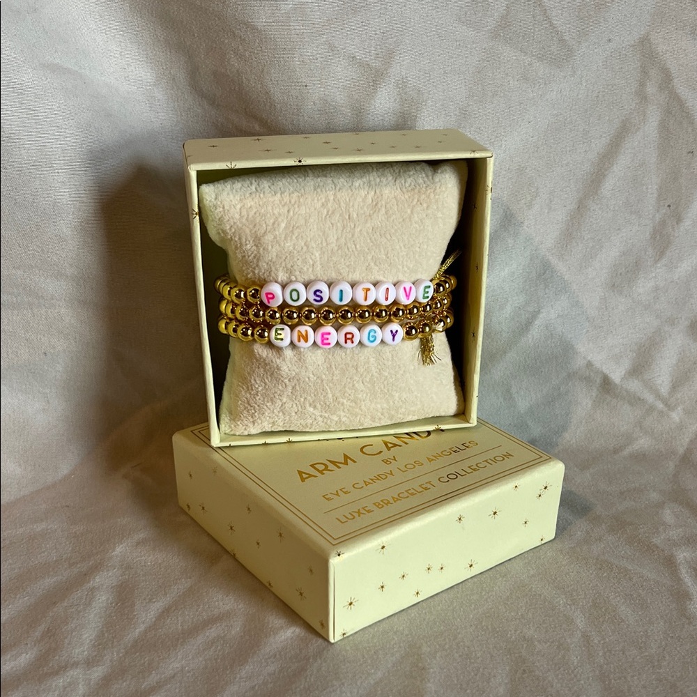 'Positive Energy' Gold Bead Stretch Bracelet Set